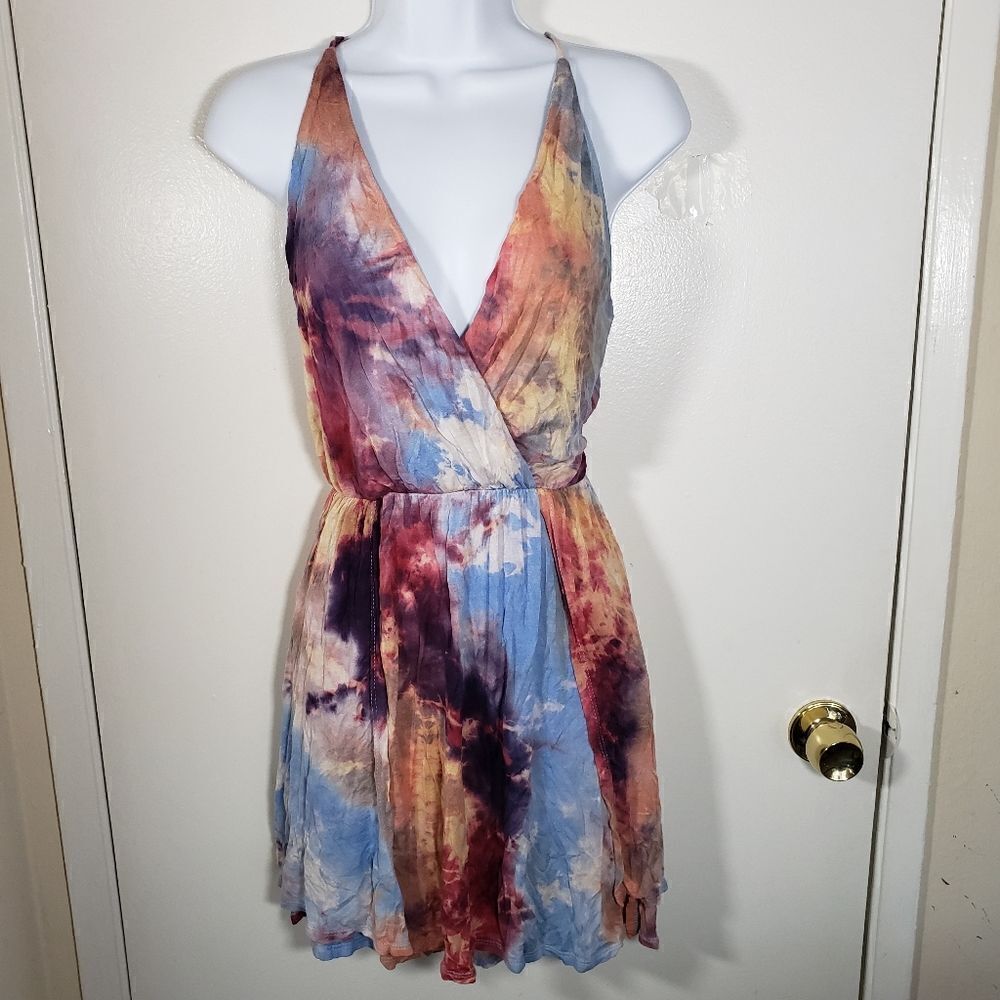 Blue Blush Tie Dye Multicolor Festival Strappy Sexy Side Slit Mini Dress Size S